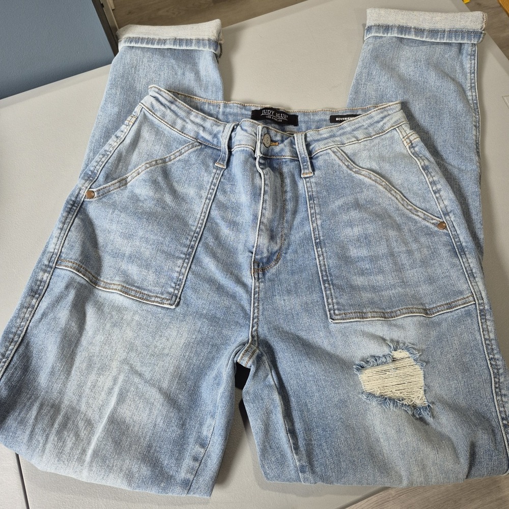 Judy Blue Jeans Womens 13/31 Boyfriend Fit High Rise Patch Pocket Distressed